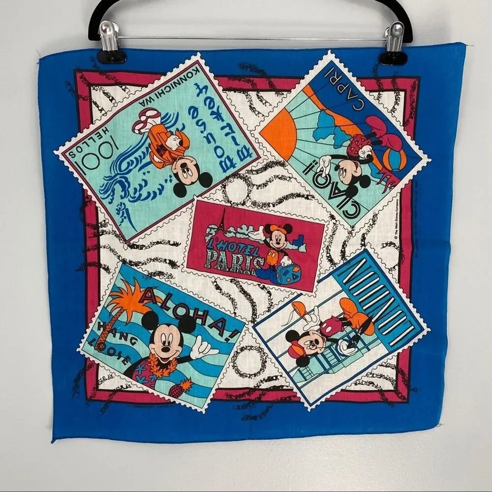 Disney Mickey Mouse Travel Postcard Paris, London, Hawaii, Capri Handkerchief